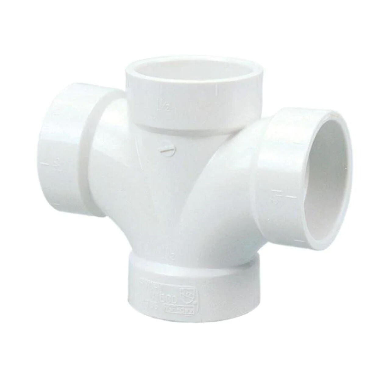 The Go Build 1-1/2 in. PVC DWV All Hub Double Sanitary Tee features four openings, ideal for plumbing systems. Durable and reliable, this fitting from The Fastest Way To Build brand is shown isolated on a white background.